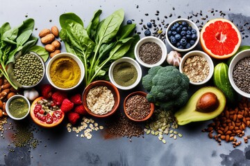 A selection of fruits, vegetables, seeds, superfoods, cereals, and leafy greens showcased on a gray concrete background generative ai
