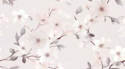  a close up of a flower wallpaper with white and pink flowers on a light pink background with grey leaves.