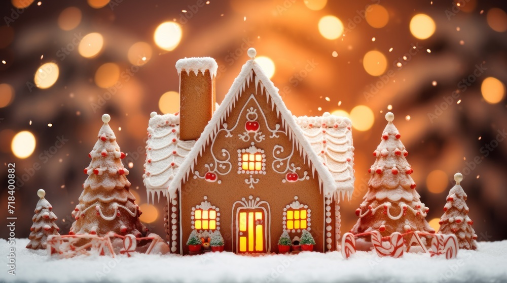 Poster a close up of a gingerbread house on a table with lights in the background and snow on the ground.
