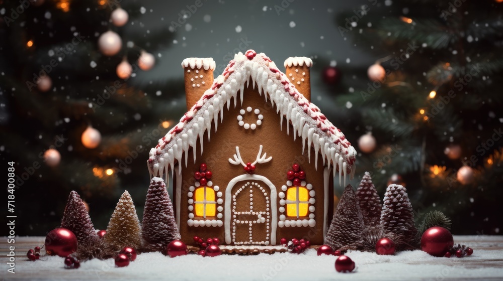 Poster a close up of a gingerbread house on a table in front of a christmas tree covered in icing.
