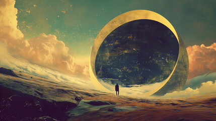 Man Entering a Portal in Space Heavenly Vintage Muted Tones Collage - obrazy, fototapety, plakaty