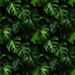 Seamless pattern with monstera leaves and water drops © MadMouse