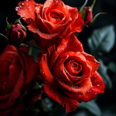 Three Red Roses With Water Droplets