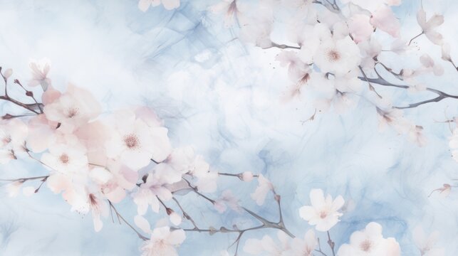  a painting of a bunch of flowers on a branch with blue sky in the back ground and clouds in the back ground.