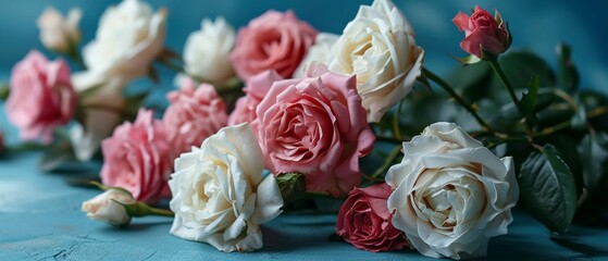 Beautiful Pink and White Flowers on Blue Surface