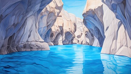 cartoon illustration tranquil blue water body surrounded by towering, rugged rock formations