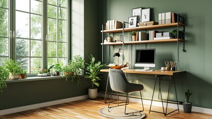sage green home office with shelves and a desk, interior to work from home 