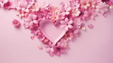 Pink Heart Surrounded by Flowers on Pink Background