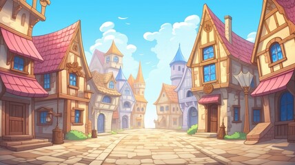 cartoon illustration Medieval town street with old buildings by the day. - obrazy, fototapety, plakaty