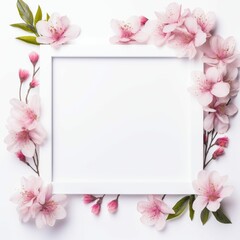 Pink Flowers in White Square Frame on White Background