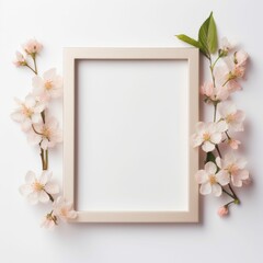 White Frame With Flowers on White Background