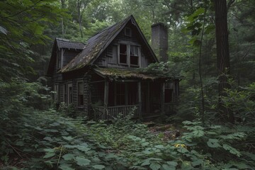 An old gloomy lost house in the woods in the wilderness