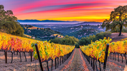 Sunset Agriculture and Vineyard Landscape, Wine Farm and Autumn Nature, Grape Plant and Sky, Hill and Valley Field, Travel and Plant Growth, European and California Scenery