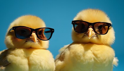 cute and funny two chicks wearing glasses. The background is solid blue color. The creative and funny image can be used in advertising, card decoration or social media to attract attention.