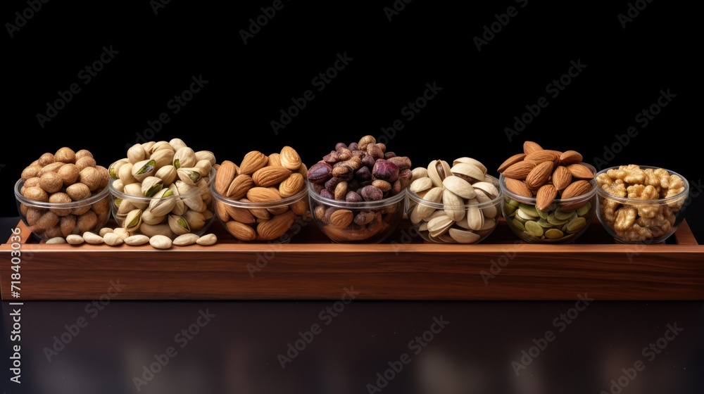 Poster a wooden tray filled with lots of different types of nuts and nutshells sitting on top of each other