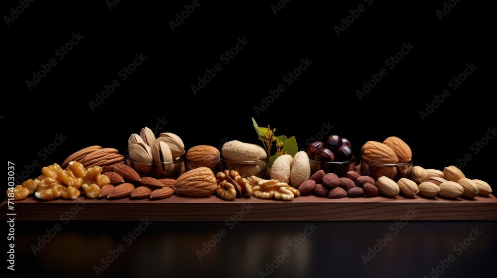 Poster a wooden table topped with lots of different types of nuts and nuts in a row on top of each other.