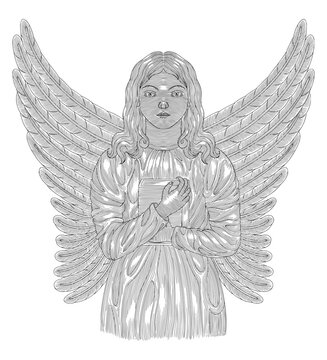 angel with wings holding a book, Vintage engraving drawing style illustration