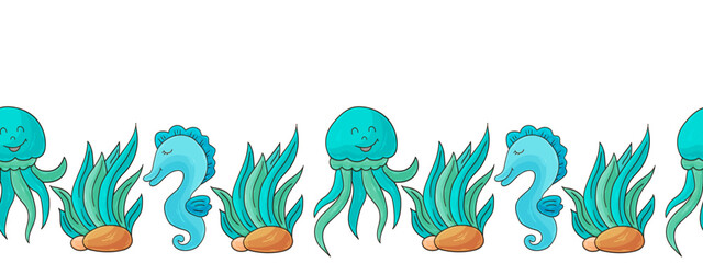 Marine seamless border. Children's fairy-tale drawing © bubushonok