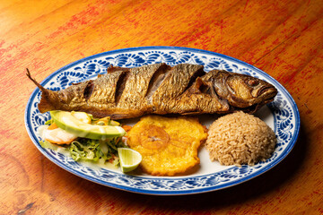 Fried anchovy served with patacon, coconut rice and vegetable salad