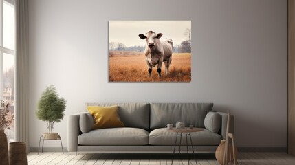  a living room with a couch and a painting on the wall of a cow in the middle of the room.