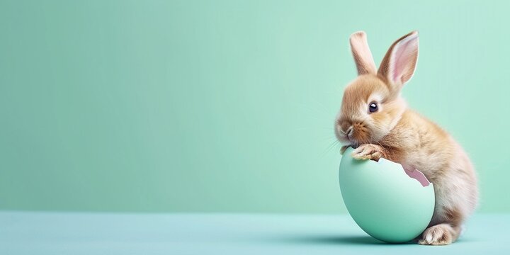 Cute Easter bunny hatching from lilac Easter egg isolated on pastel green background with copy space, Happy Easter banner with adorable rabbit.
