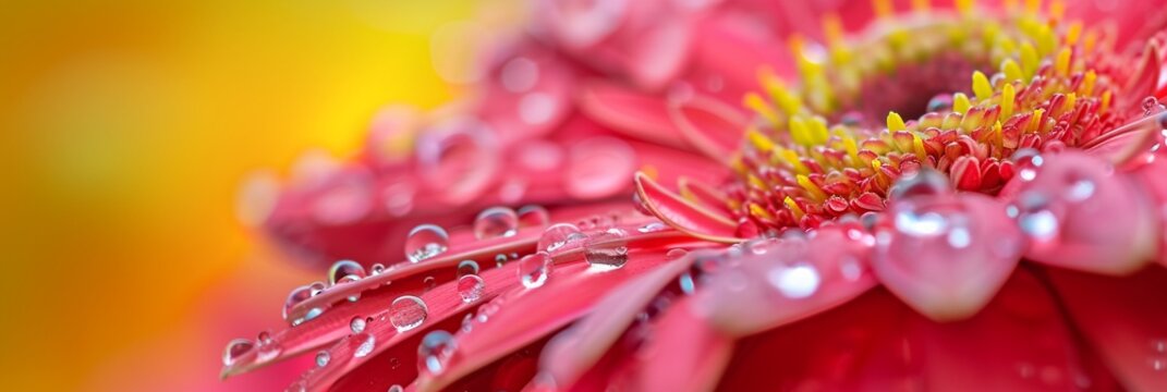 Macro of water drops on a red and yellow gerber daisy flower, panorama with copy space.