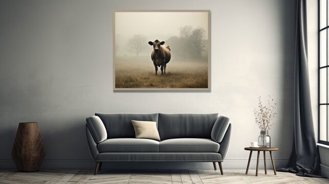  a living room with a couch and a painting of a cow in the middle of the room on the wall.