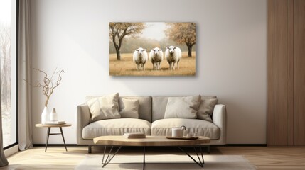  a living room with a couch, coffee table, and a painting of sheep in the middle of the room.