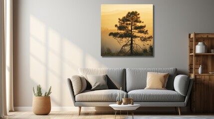  a living room with a couch, coffee table and a painting of a pine tree in the middle of the room.