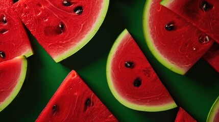  a group of slices of watermelon sitting on top of each other on a green surface with drops of water on them.