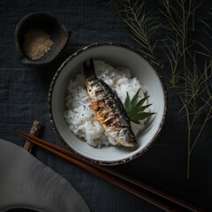 rice with fish, close-up, for the menu