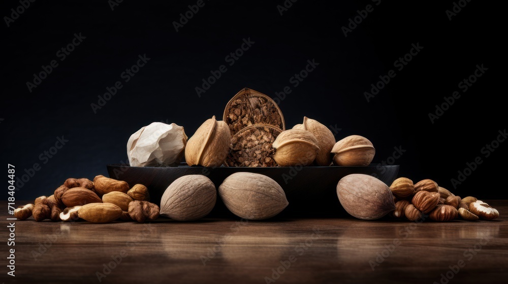 Poster a pile of nuts sitting on top of a table next to a pan filled with different types of nuts on top of