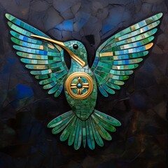 A green bird with gold accents on it's wings