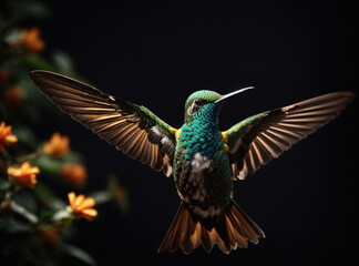 Obraz premium Black Studio Background with a Hummingbird