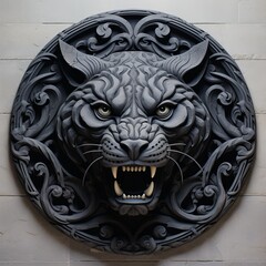 A black and white picture of a tiger's face on a wall