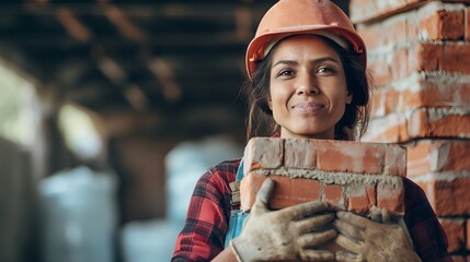 Portrait of a young female construction worker holding brick in her hands