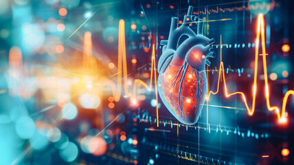 Futuristic cardiac research: advanced arrhythmia diagnosis, utilizing infographic biometrics for streamlined clinical care - obrazy, fototapety, plakaty
