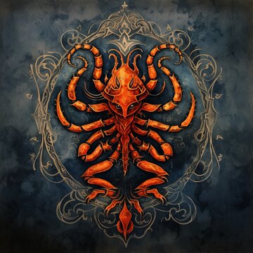 A painting of an orange octopus on a blue background