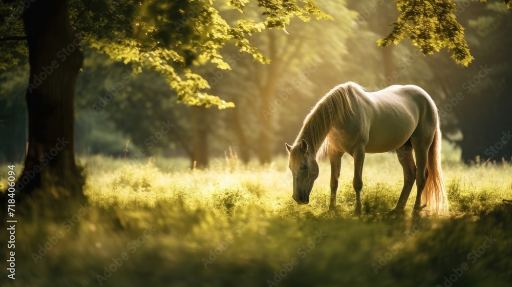 Poster a white horse grazing in a field next to a tree and grass covered field with sunlight shining throug