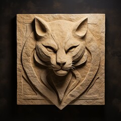 A sculpture of a cat's head on a wall