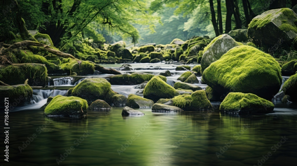 Poster a stream running through a lush green forest filled with lots of rocks and moss growing on the side 
