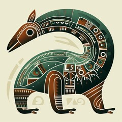 A stylized illustration of an animal with geometric designs