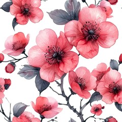 Watercolor red pink flowers seamless pattern