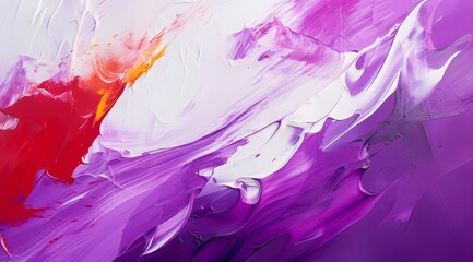 Abstract painting in red, white and purple with large brush strokes