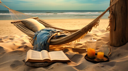 Obraz premium Summer Beach Vacation with Book, Sea and Sand, Relaxation and Nature, Ocean and Travel, Leisure and Tropical Resort, Sunny and Idyllic Coastline, Woman and Hammock, Enjoyment and Tranquility