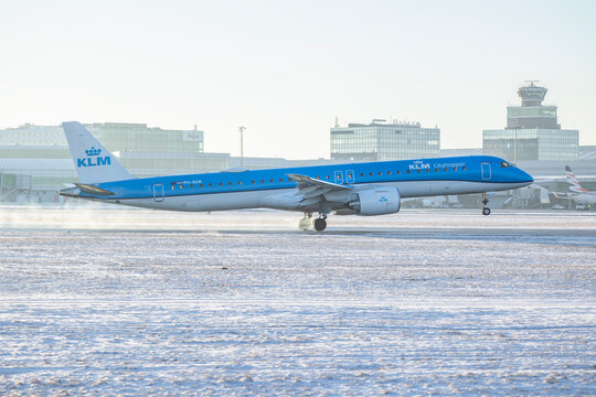 PRAGUE - January 21, 2024: KLM (1700th E-Jet Sticker) Operated by KLM Cityhopper Embraer E195 E2 REG:PH-NXM at Vaclav Havel Airport Prague. KLM is the flag carrier of the Netherlands.