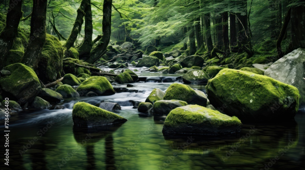 Poster a stream running through a lush green forest filled with lots of rocks and moss growing on the side 