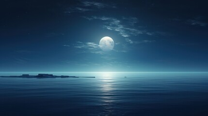  a large body of water with a boat in the middle of the water and a full moon in the sky.