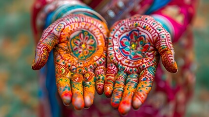Fototapeta premium Close-up of a woman's hand adorned with intricate mehndi designs at the lively Holi festival