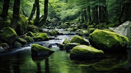  a stream running through a lush green forest filled with lots of rocks and moss growing on the side of it.